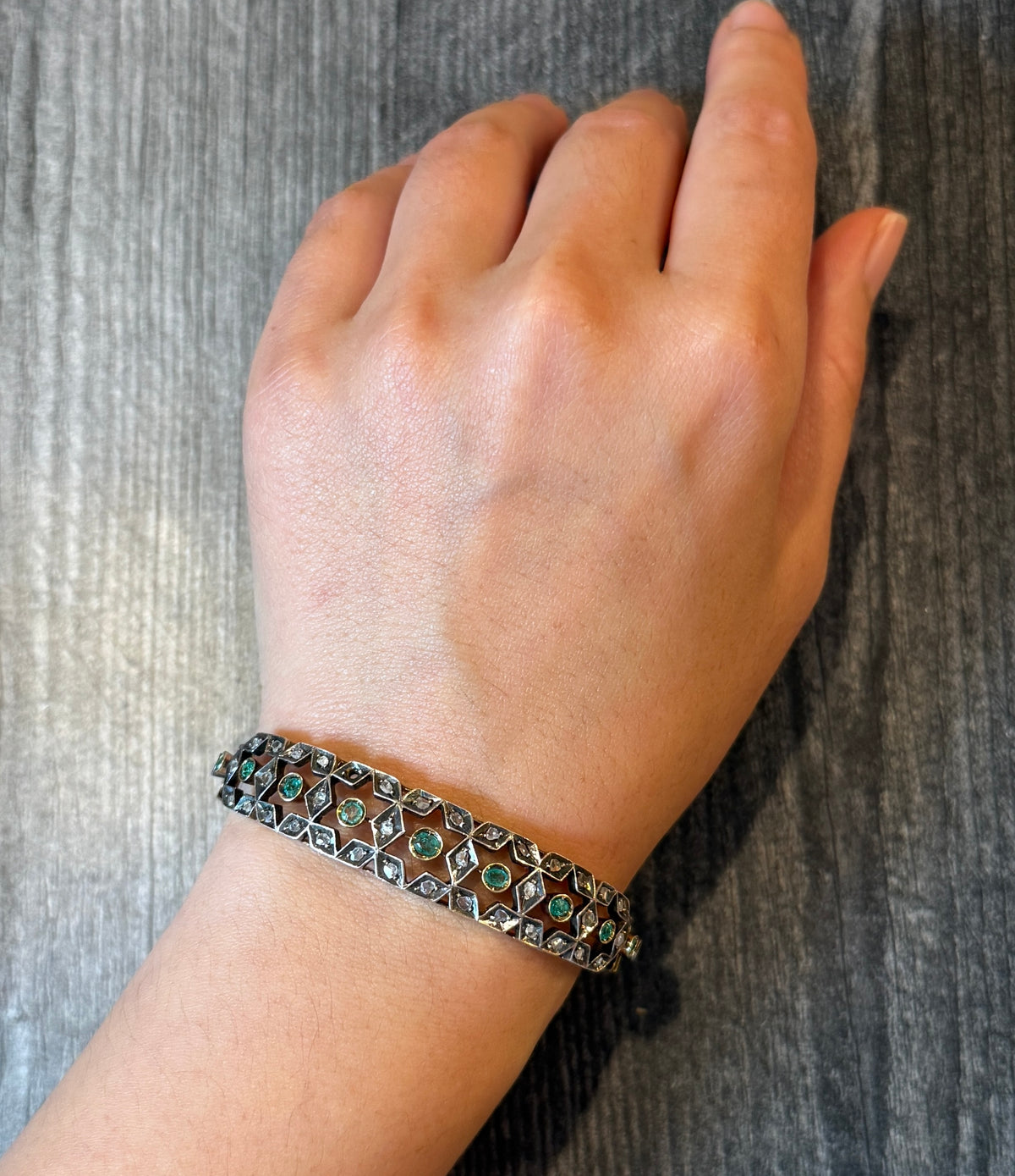 Geometric Star Bangle Bracelet with Rose Cut Diamonds and Emeralds (I)