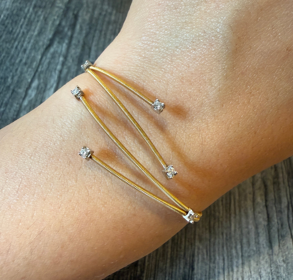 Diamond and 18K Gold Flexible Wire Bypass Cuff Bracelet (I)