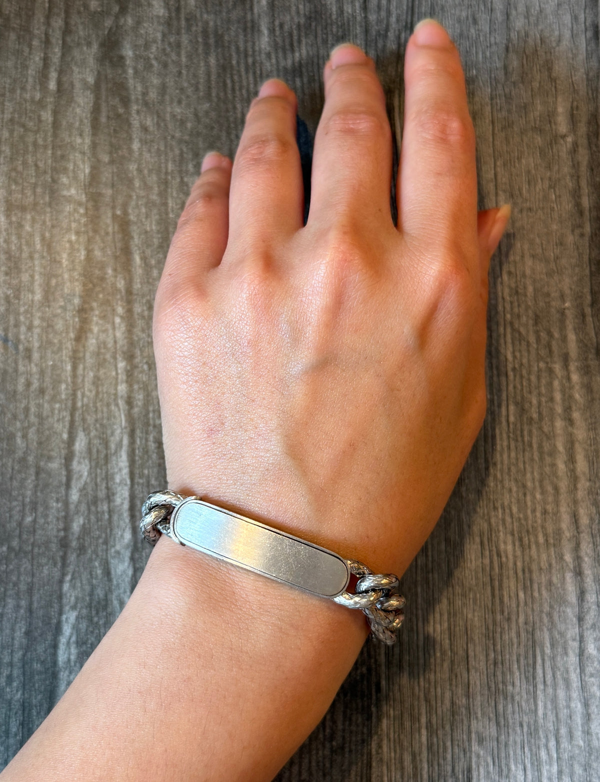 Bottega Veneta 18K White Gold ID Bracelet with Woven Curb Links, 7” Long (I)