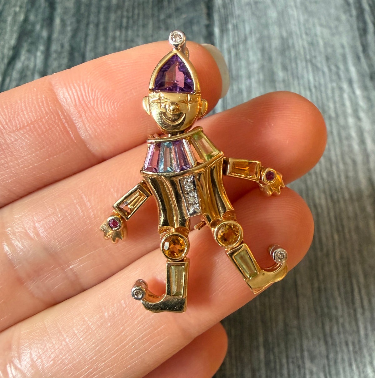 Articulated Gem-Set Clown Pin and Pendant in 14K Gold (A)