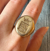 Solid Hand-Engraved Shield Signet Ring in 14K Gold with Fleur de Lis and Crown Motif