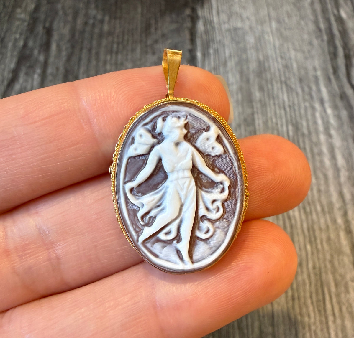 Handcarved Dancing Lady Shell Cameo Pendant and Brooch in 18K Gold