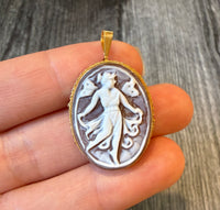 Handcarved Dancing Lady Shell Cameo Pendant and Brooch in 18K Gold