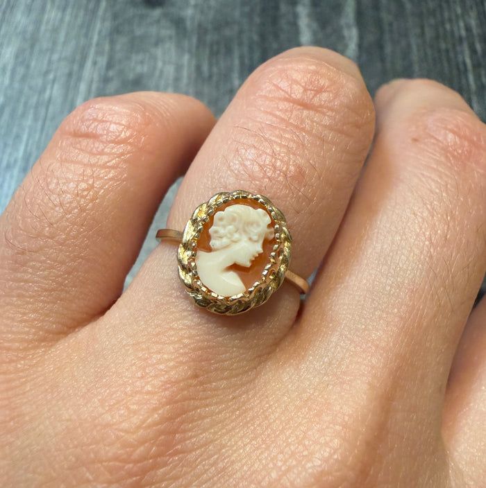 Shell Cameo Ring of a Woman's Profile in 10K Gold