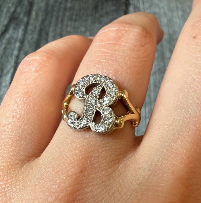 Vintage Diamond and Two Tone Initial B Ring in 14K Gold (S)