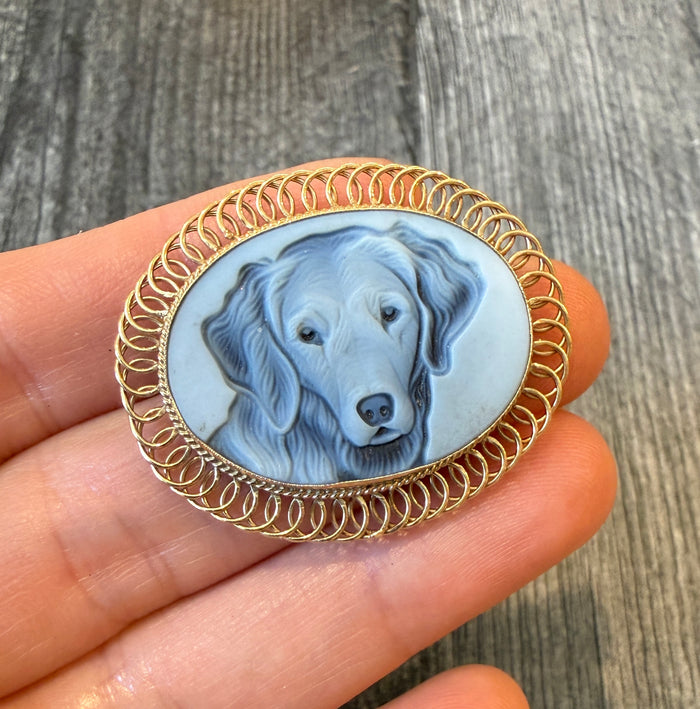 Laser Carved Golden Retriever or Dog Cameo Brooch and Pendant in 14K Gold