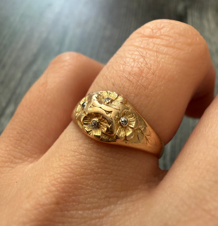 Art Nouveau Diamond Flower Dome Ring in 10K Gold
