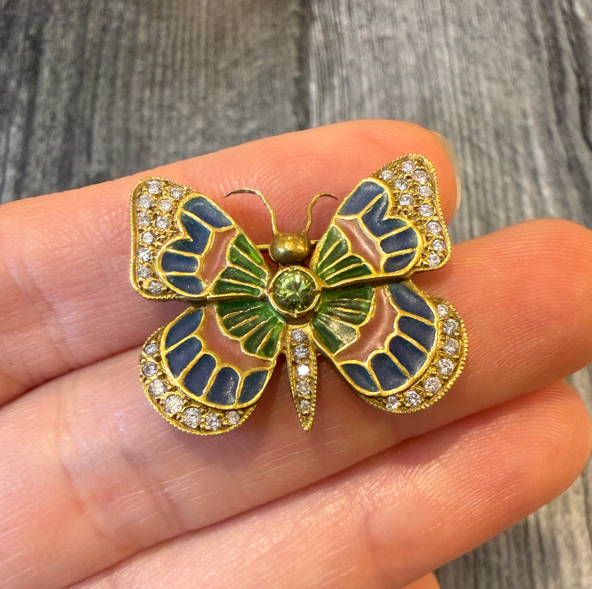Plique A Jour Enamel and Peridot Butterfly Brooch in 18K Gold (I)
