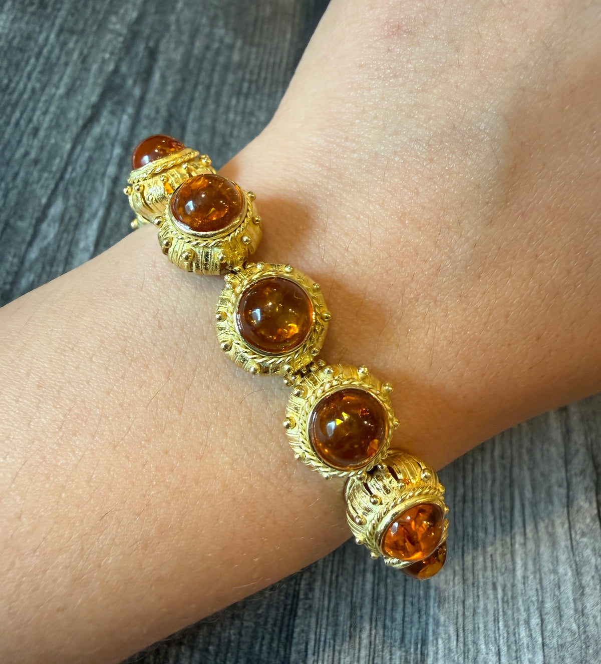 Archaeological Revival Style Amber and 18K Gold Bracelet, 6.25” Long (I)
