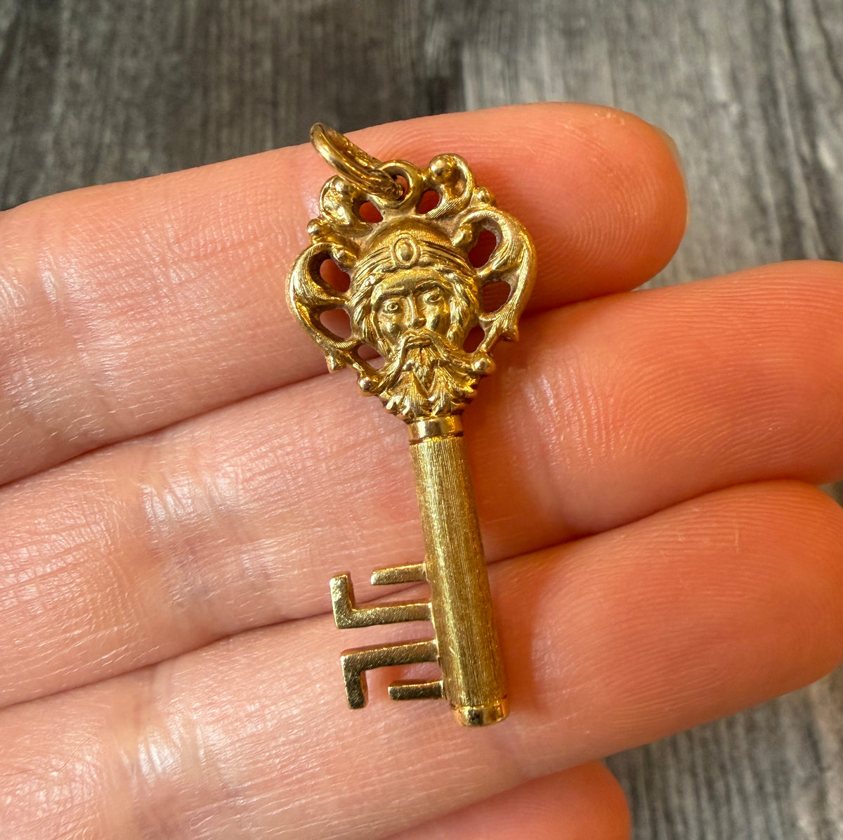 Vintage Green Man Skeleton Key Charm in 18K Gold