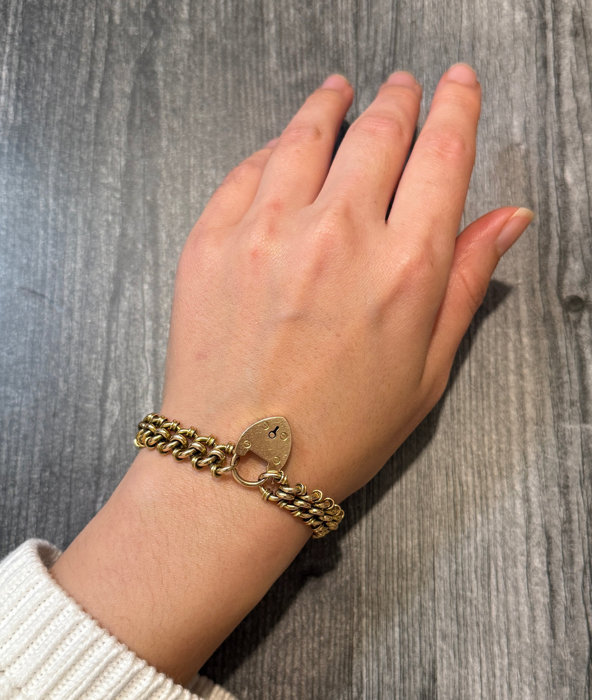 Antique English Heart Padlock Open Link Curb Style Bracelet in 15K Gold (S)