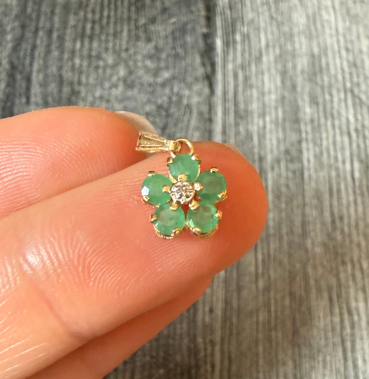 Mini Emerald and Diamond Flower Charm in 14K Gold