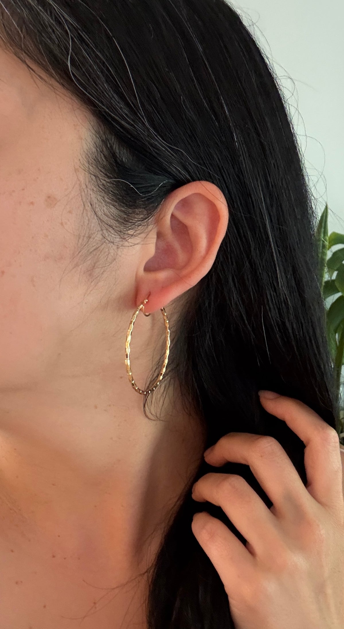 Geometric Stamped 14K Gold Large Hoop Earrings (I)
