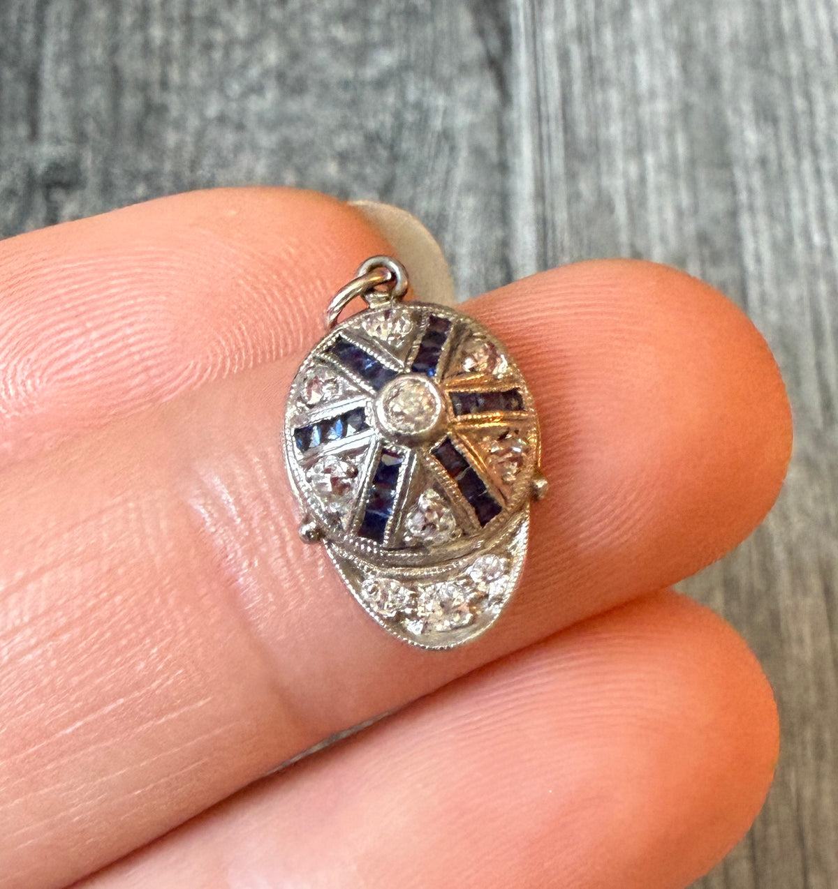 Art Deco Diamond and Sapphire Cap Charm in Platinum (H)
