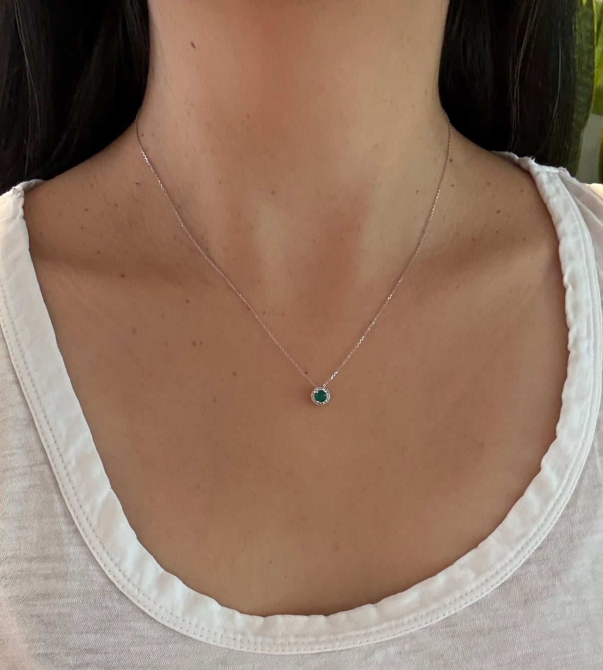 Emerald and Diamond Necklace in 14K White Gold, 15.75”-17.75” Long