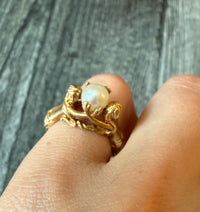 Figural Ring of Mermaids or Women Holding a Pearl in 14K Gold