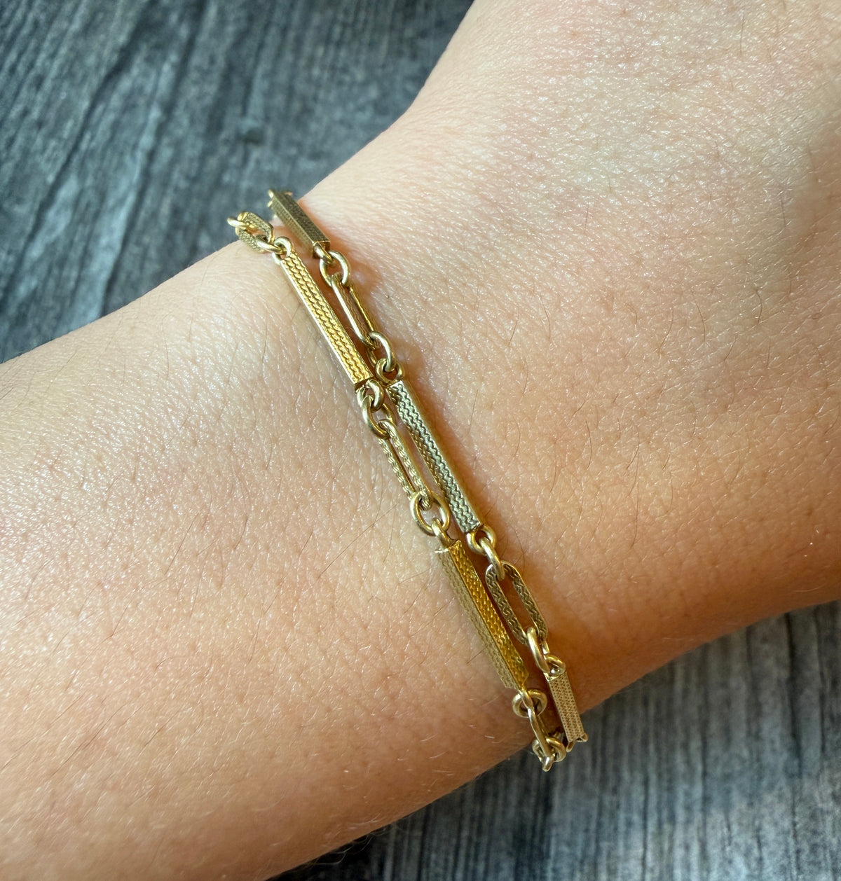 Art Deco 14K Gold Chased Bar Link Watch Chain, 13” Long