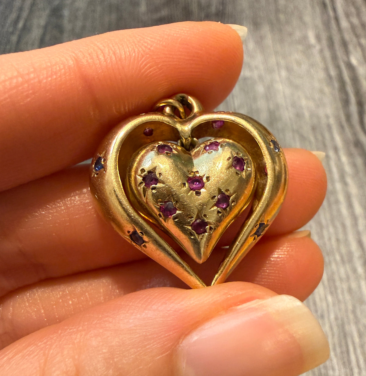 Midcentury Dangling Double Heart Pendant with Star Set Sapphires and Rubies
