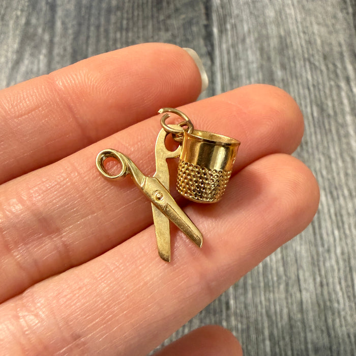 Vintage 14K Gold Thimble and Scissors Sewing Set Charm