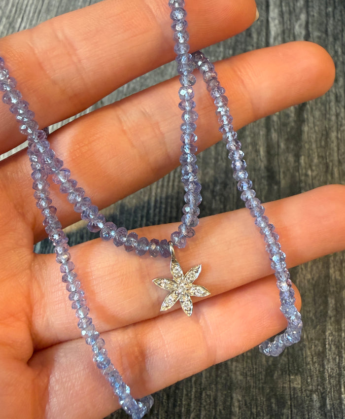 Tanzanite Bead Necklace with a Diamond Flower Charm