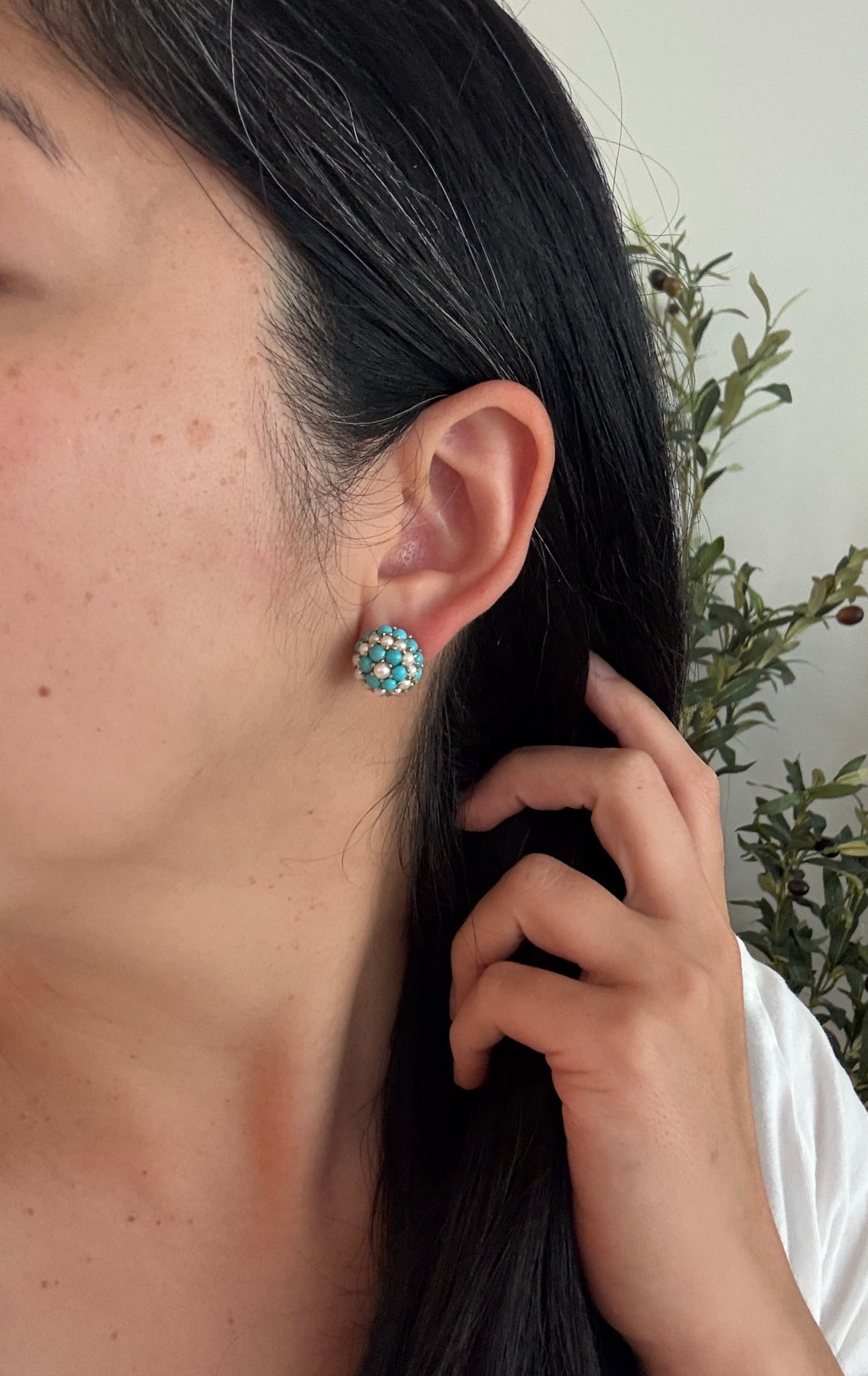 Turquoise and Pearl Button Earrings in 18K Gold