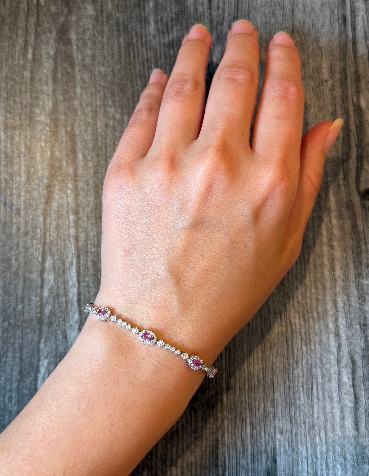Pink Sapphire and Diamond Line Bracelet in 14K White Gold (A)