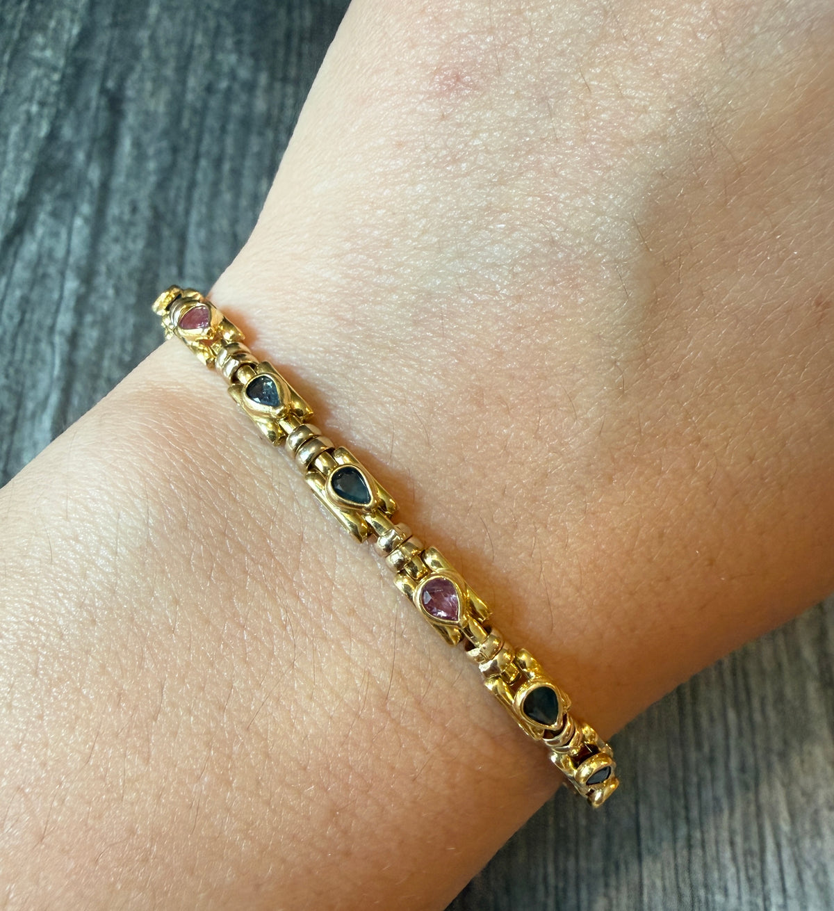 Pear Sapphire and Ruby Geometric Bracelet in 18K Gold, 6.75” Long