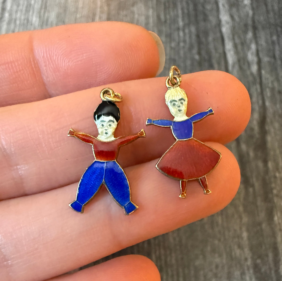 Art Deco Enameled Boy and Girl Charms in 14K Gold