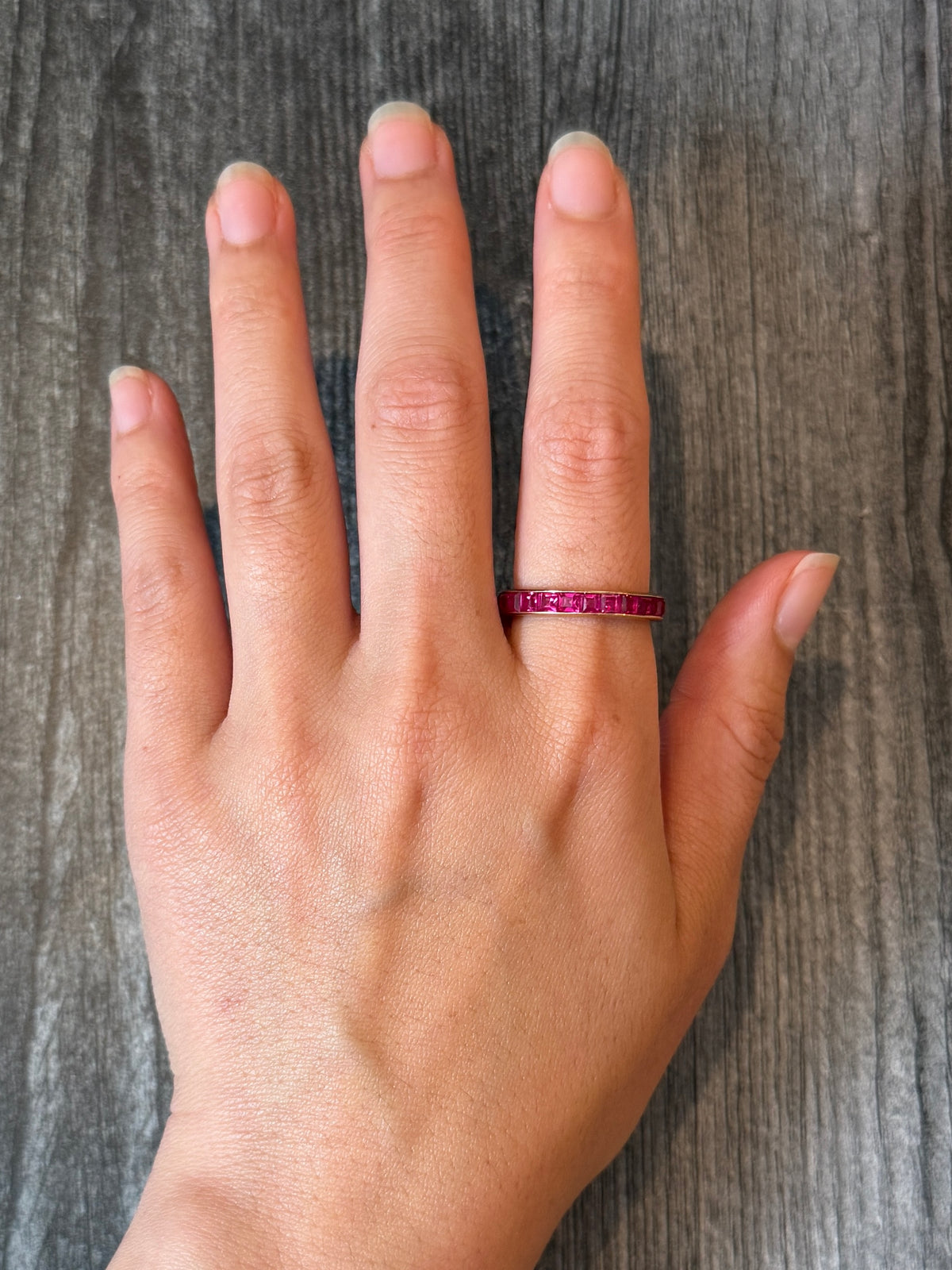 Glowing Synthetic Ruby Eternity Band in 14K Gold, Size 10 (A)