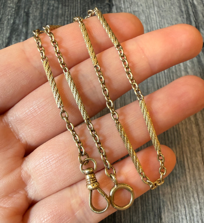 Art Deco 14K Gold Swirly Tubular Bar Link Watch Chain, 13.75” Long