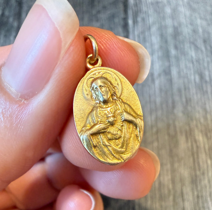 Reversible Oval 14K Gold Jesus and Mary and Child Medal Charm