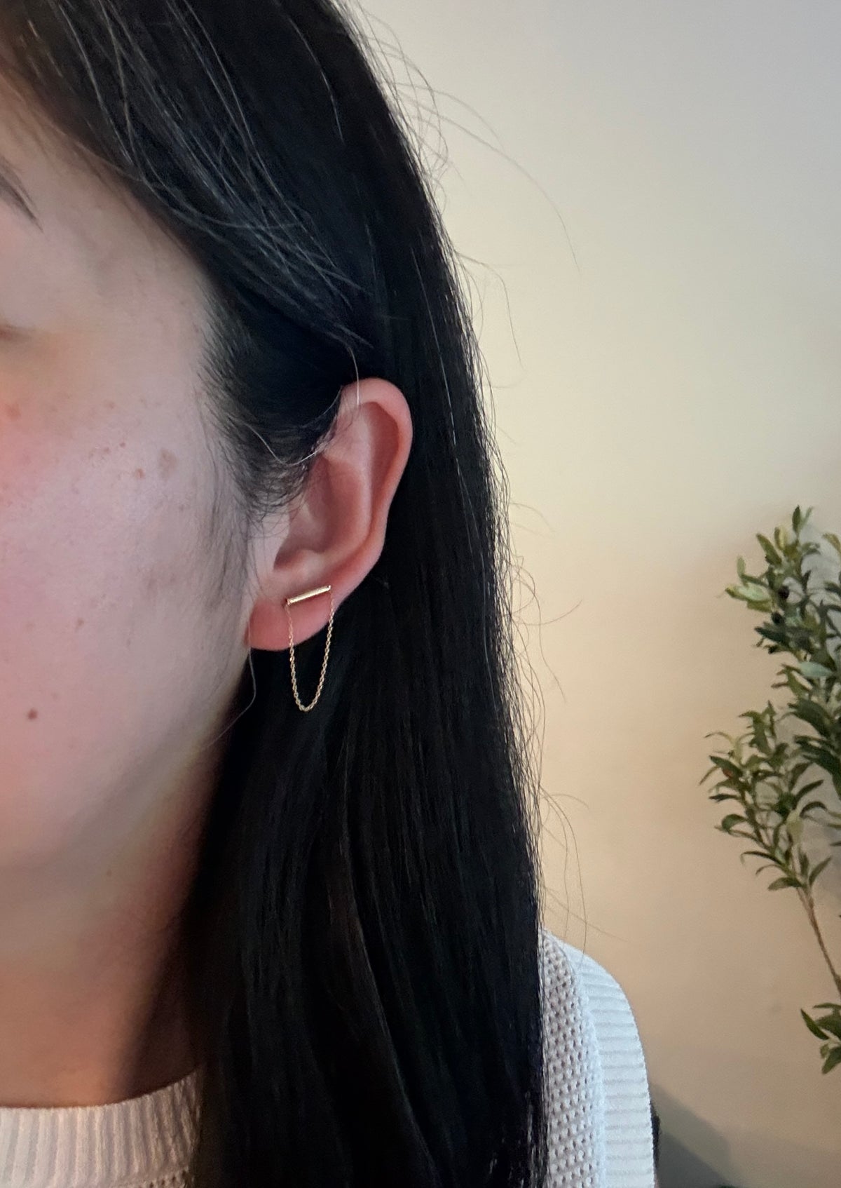 Bar Earrings with Dangling Chain in 14K Gold