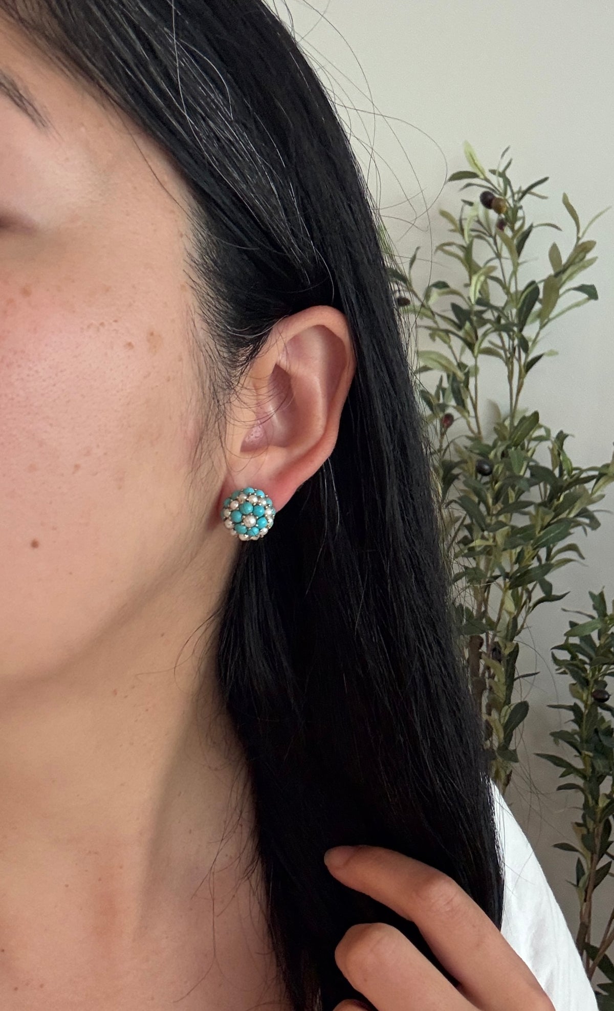 Turquoise and Pearl Button Earrings in 18K Gold