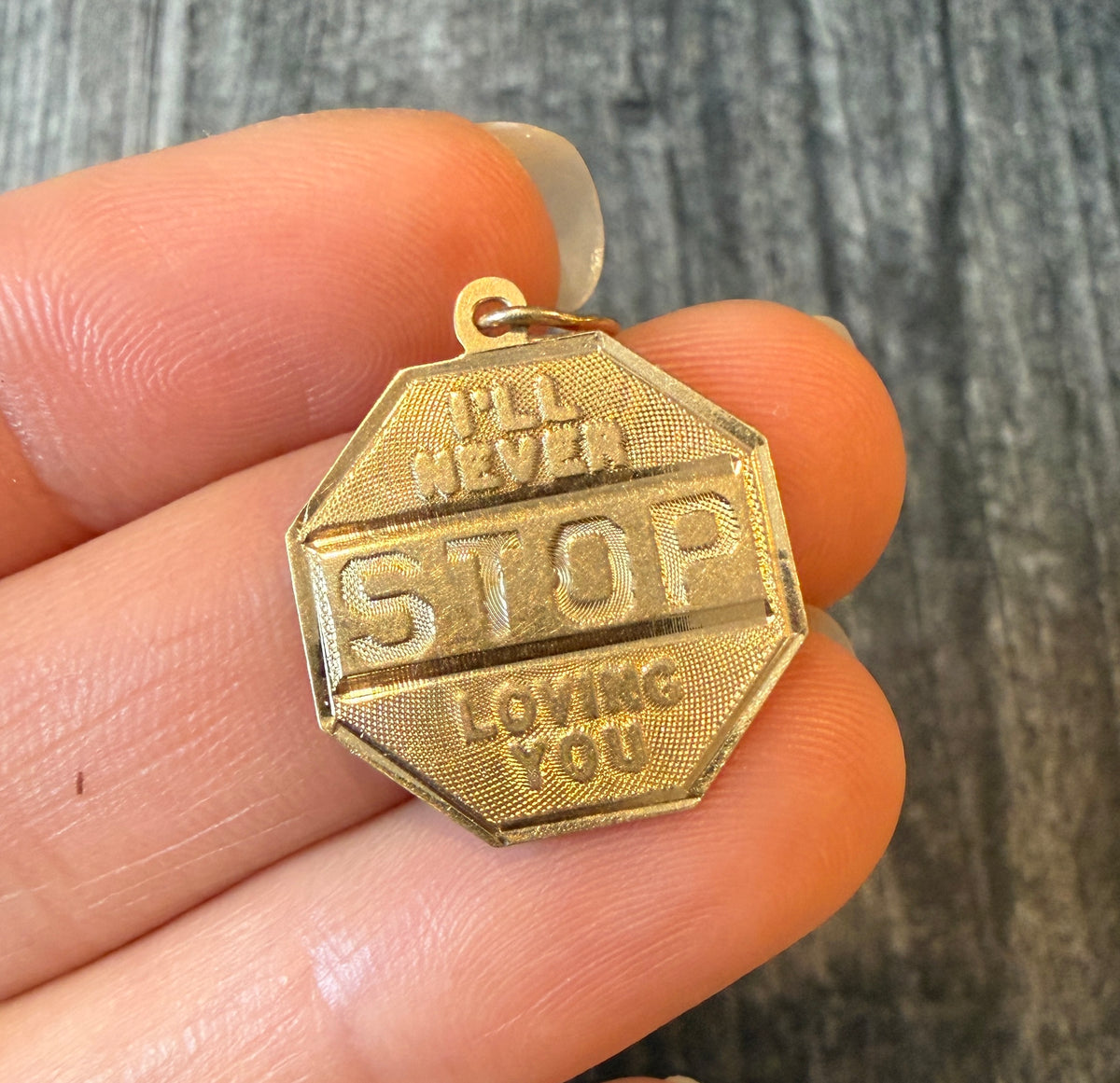 “I’ll Never Stop Loving You” Stop Sign Charm in 14K Gold