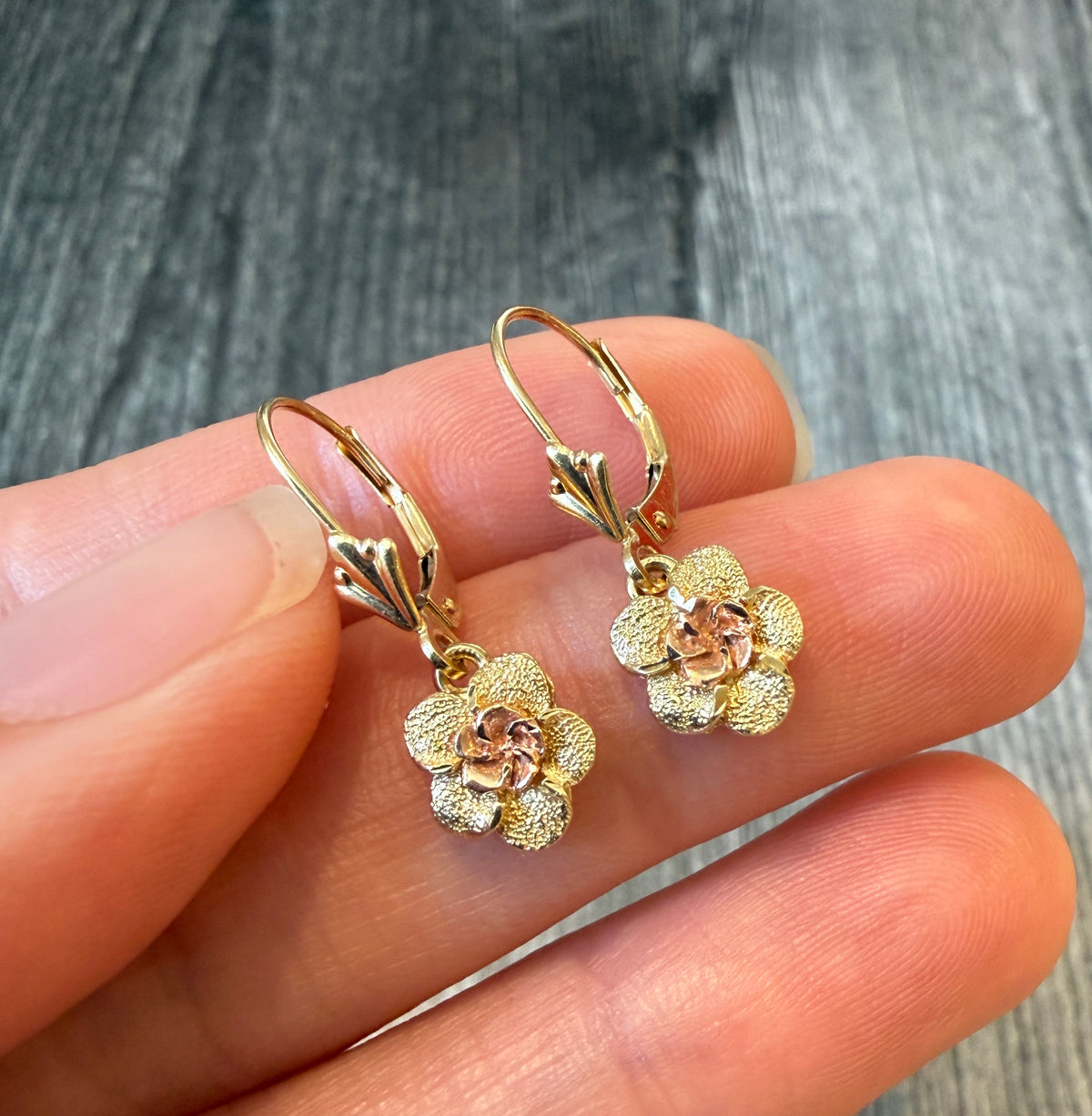 Dangling 14K Two Tone Gold Flower Earrings