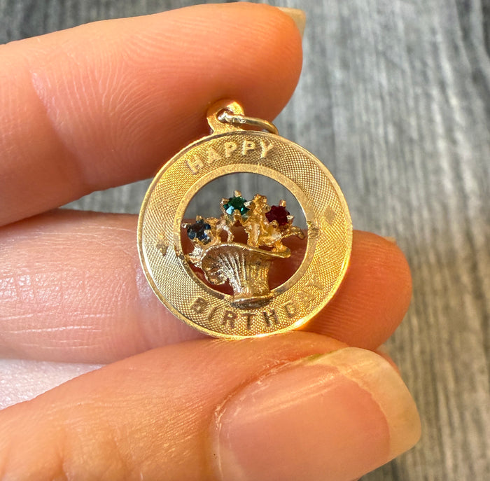 Happy Birthday Flower Basket Charm in 14K Gold
