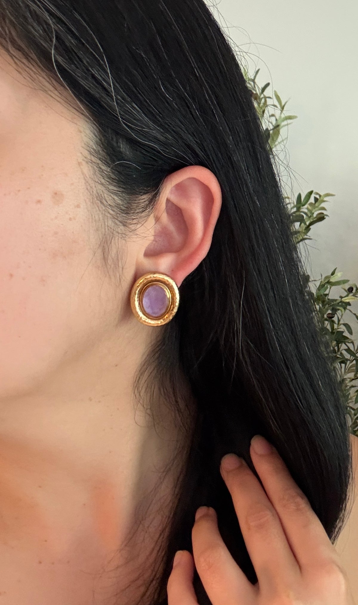 Amethyst and 18K Gold Hammer Finished Clip Earrings (I)