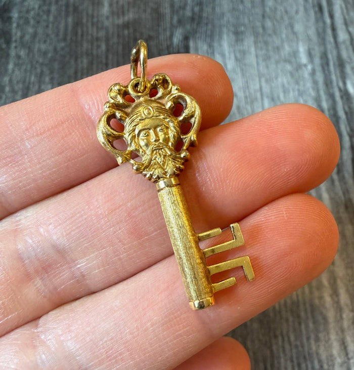 Vintage Green Man Skeleton Key Charm in 18K Gold