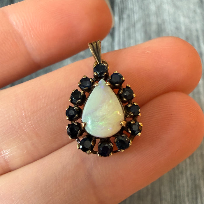Pear Shaped Opal and Sapphire Halo Charm in 14K Gold