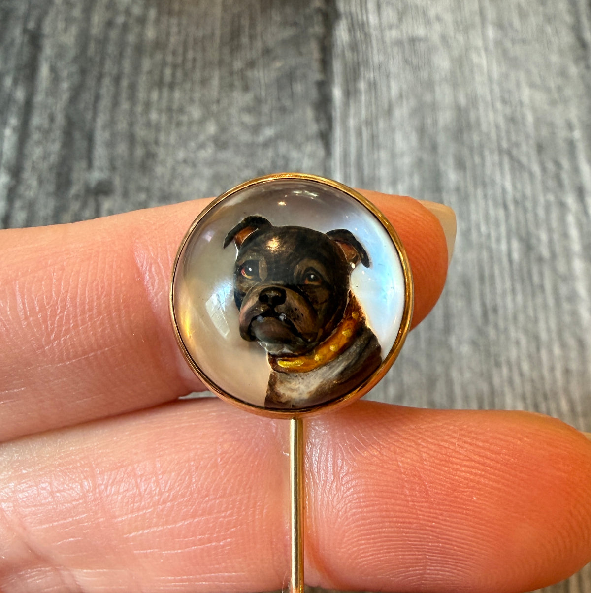 Antique Essex Crystal Bulldog Stick Pin in 14K Gold (H)