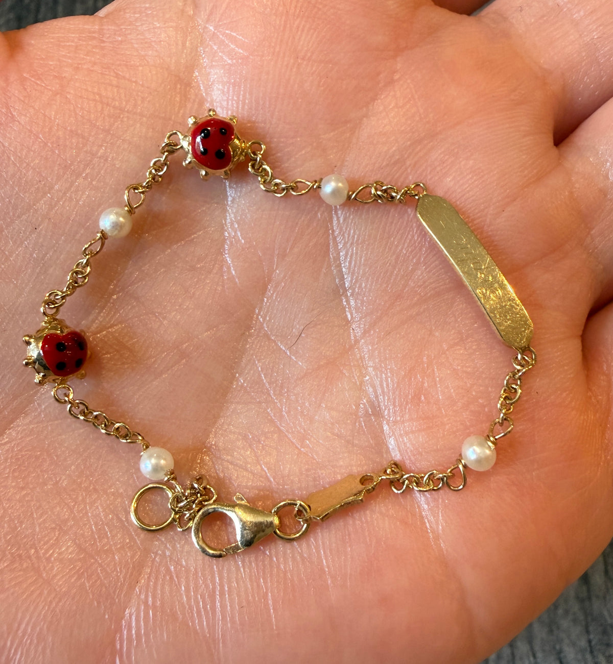 Small Enamel Ladybug and Pearl ID Bracelet in 14K Gold (M)