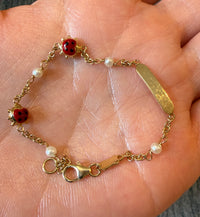 Small Enamel Ladybug and Pearl ID Bracelet in 14K Gold (M)
