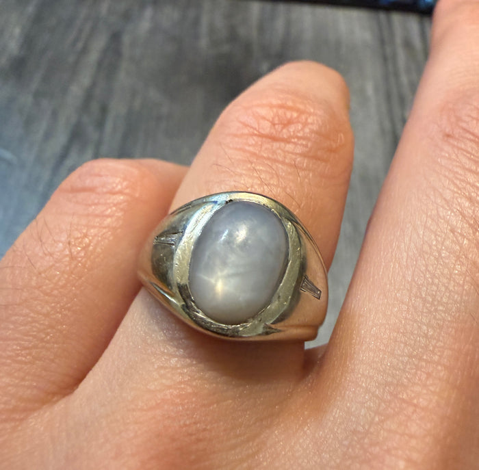 Star Sapphire and Diamond Flush Set Ring in 14K Gold (A)