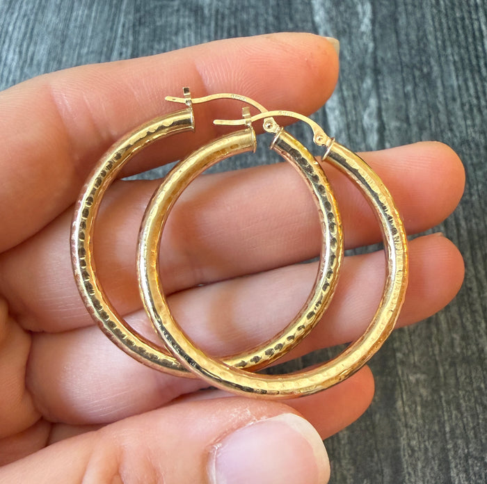 Hammered Finish 14K Gold Hoop Earrings (A)