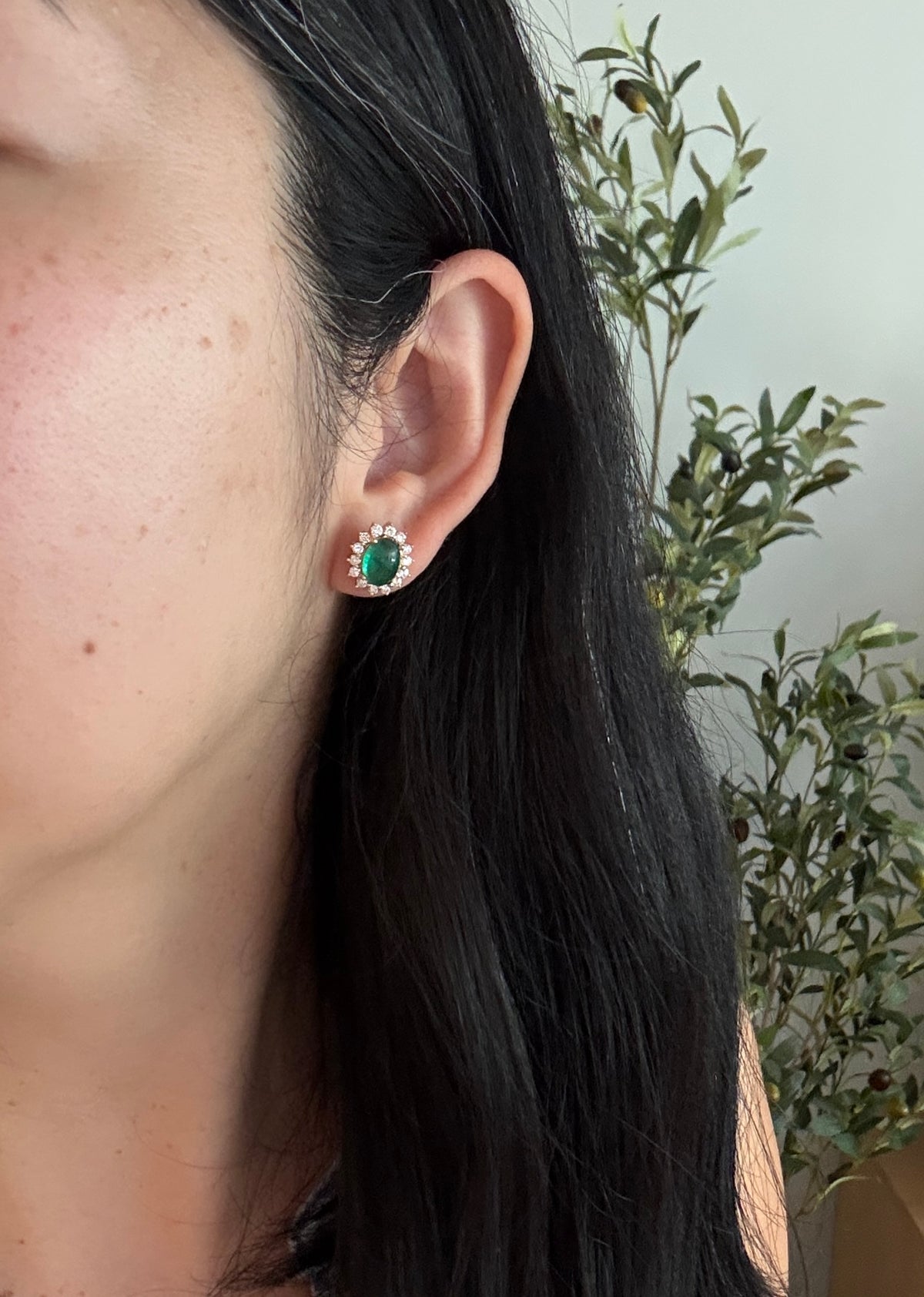 Cabochon Emerald and Diamond Halo Stud Earrings (H)