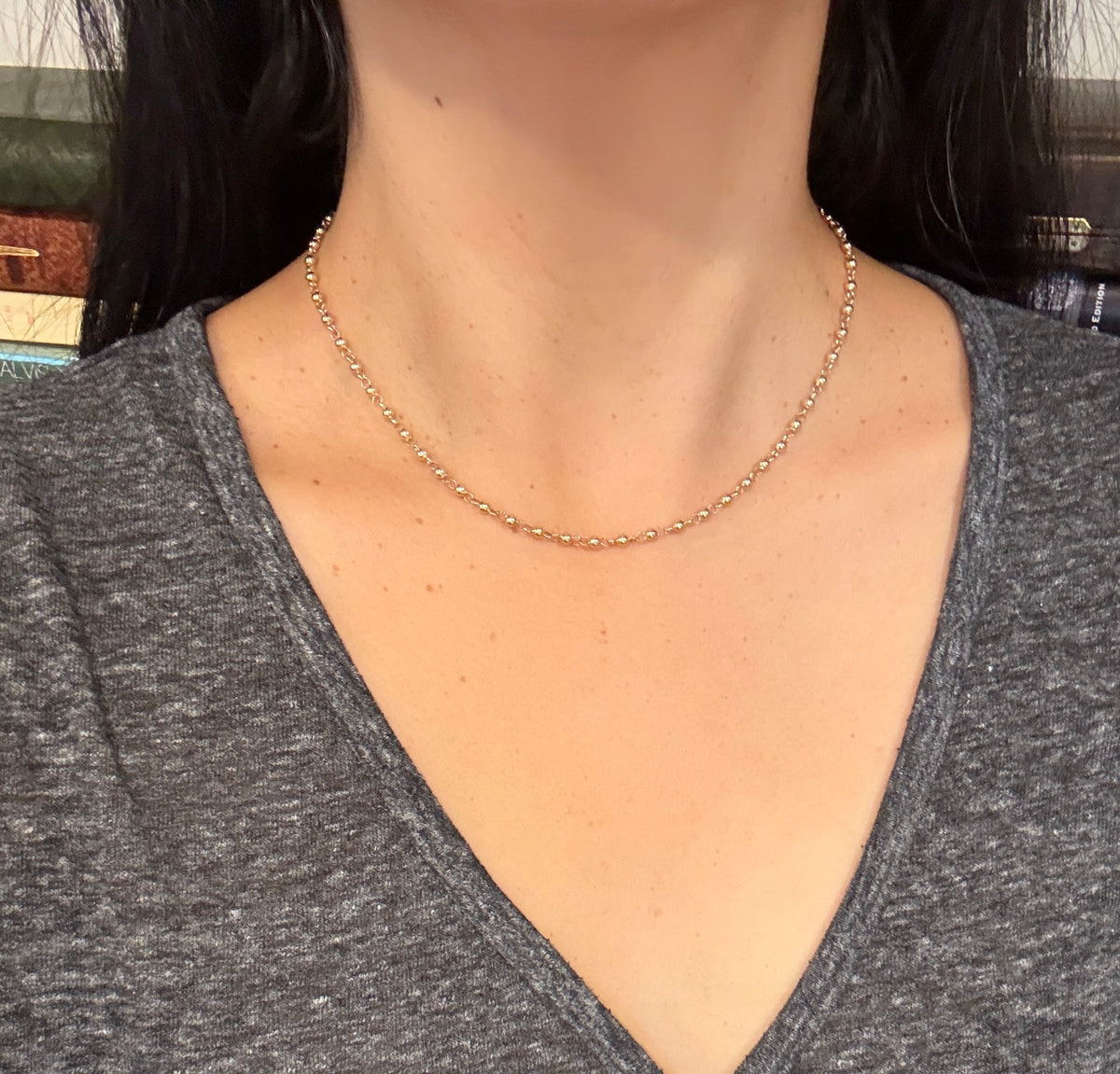 Gold Ball Rosary Style Chain in 14K Gold, 16.25” Long (F)