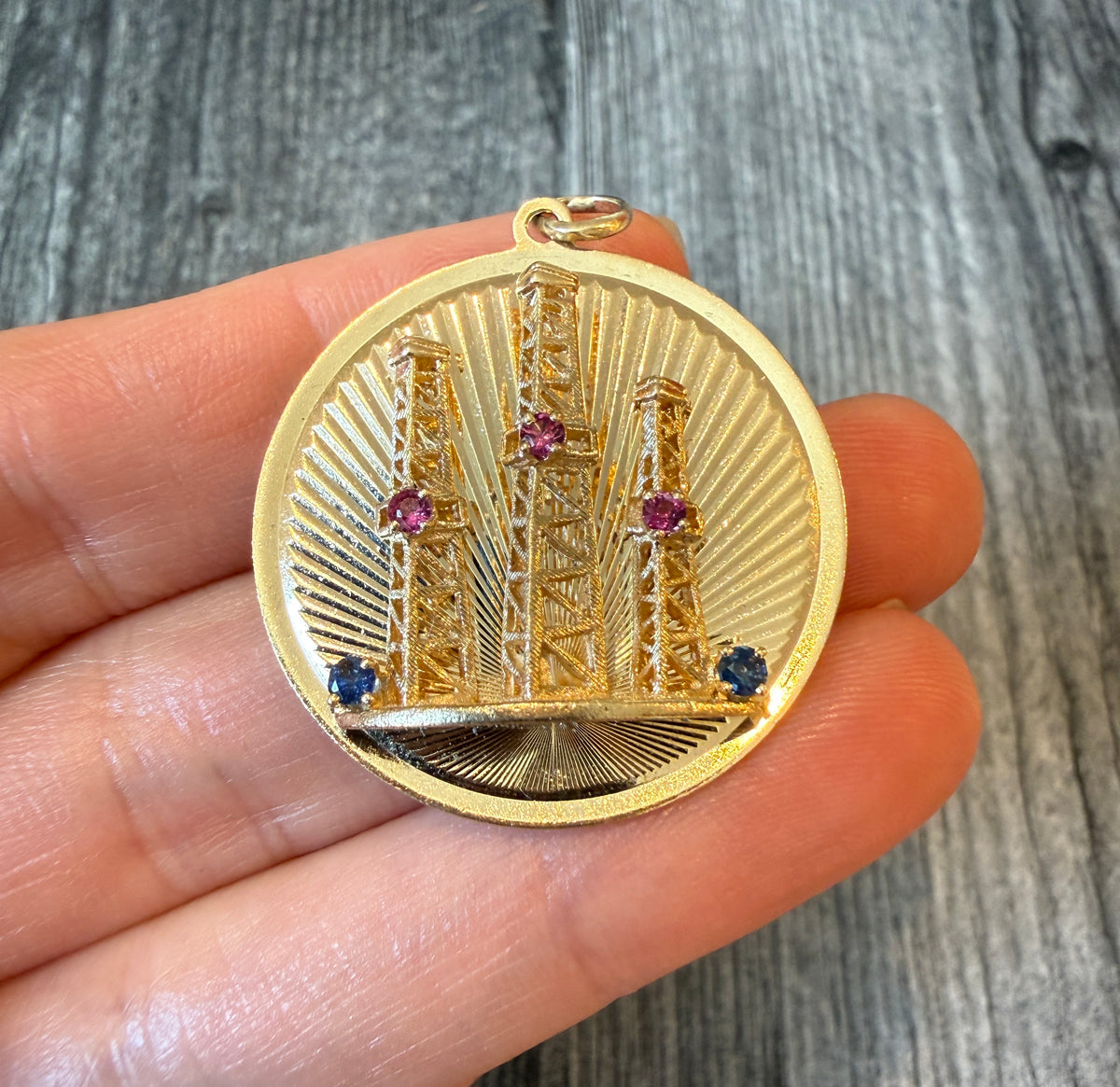 Large Dankner Engine Turned Oil Rig Charm in 14K Gold with Rubies and Sapphires