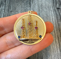 Large Dankner Engine Turned Oil Rig Charm in 14K Gold with Rubies and Sapphires