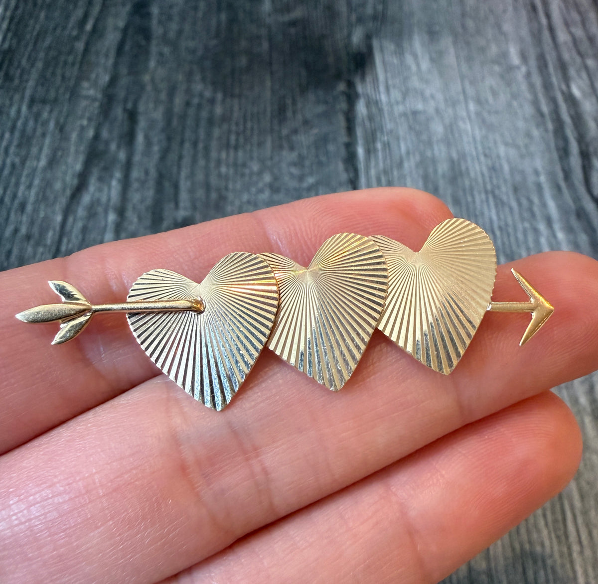Vintage Engine Turned “Shot Through the Heart” Brooch in 14K Gold