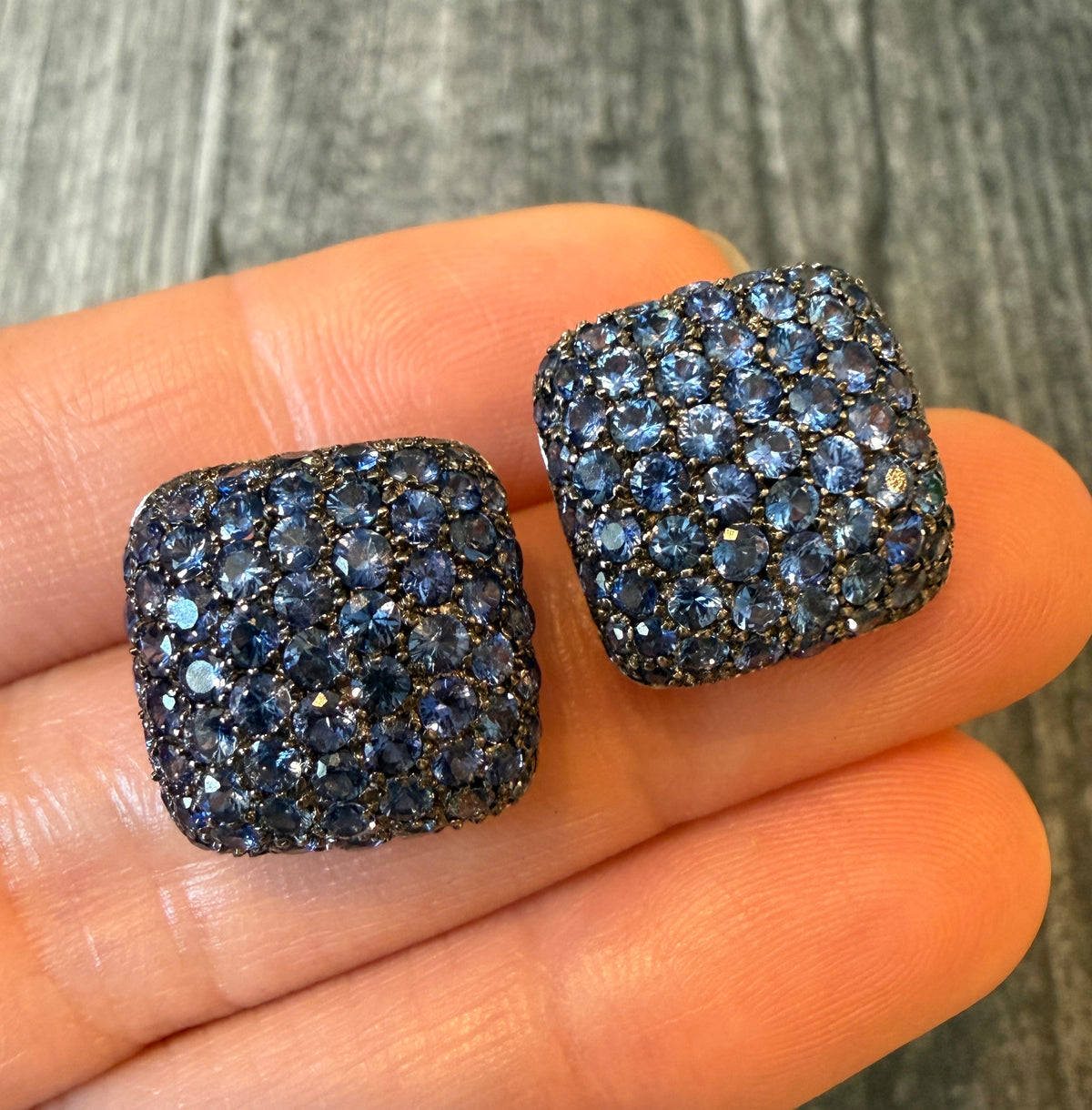 Squared Pave Sapphire Clip Earrings in 18K White Gold (I)